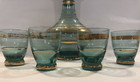 Vintage Bohemian Blue Decanter Cordial Liquor Set Gold Stripe Trim 4 Shot Glass