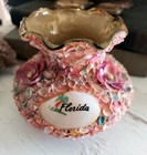 Vintage Shell Art Old Florida Souvenir Green Glass Vase With Pink Sea Shells