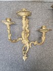 Vtg Pair Solid Brass Louis Xv Rococo 3 Arm Candle Holder Wall Sconce Candelabra