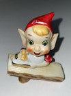 Red Pixie Elf Leaning On Tree Log Japan  christmas Elves Gnomes Sprites Vintage