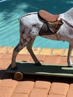 Antique Large White Paper Mache Pull Horse With Red Saddle On Wood Platform