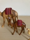 Bethlehem Camel Olive Wood Hand Carved  Figurines Red Saddle Set Of 3