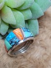 Signed Edison Yazzie Navajo Sterling Silver Turquoise Coral Inlay Ring Sz 7 5