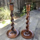Pair Of 2 Antique Oak Barley Twist 12  Candlesticks With Brass Candle Cups