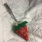 Strawberry   Pincushion Vintage Red Cotton W     silver    Bead And Scallop Handle