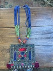 Antique Afghan Turkoman Turkmen Gemstone Glass   Dangle Kuchi Necklace 
