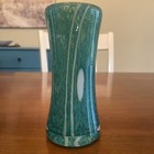 6 25    Tall Teal Hand Blown Glass Vase Stretch White Accents Vintage