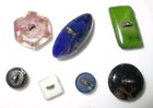 Lot 7 Antique Colorful Leo Popper Glass Buttons - Foiled Goldstone Key Shank
