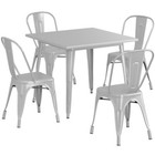 35 5   Square Silver Metal Restaurant Table Set With 4 Chairs For Outdoor Use