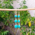 Real 925 Sterling Silver Round Shaped Turquoise Handmade Genuine Dangle Earrings