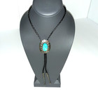 Vtg Bennett Pat Pend Bolo Tie Slide Turquoise Silver Black Leather Cord L 18 
