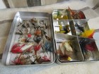 Vintage  Metal  Fly Fishing Box   With 40  Vintage Hand Tied Flies