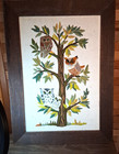 Vintage 1970s Owl Crewel Embroidery Wood Framed Wall Art Tree Fiber Art 28 X 21