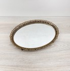 Vintage 1970s Gold Tone Filigree Footed Mirrored Oval Dresser Vanity Tray 14 