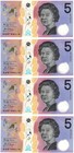 2018 Australia 5 Dollar Banknote P62 Unc Polymer 4 Notes Matching Serial Number