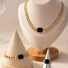 Women s Black Geometric Block Chain Necklace Bracelet Ring Jewelry Set Alloy