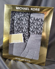 Michael Kors 3 Piece Scarf Hat Glove Boxed Set Gray W mk Logo Free Shipping 