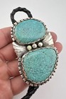 3  Huge Vtg Navajo Sterling Silver Spiderweb Kingman Turquoise Stamped Bolo Tie