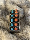 Vintage Navajo Sterling Silver Cuff Bracelet  Two Rows Of Bezel-set Turquoise