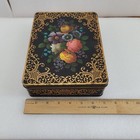 Vintage Tin Black   Gold Filigree Design Flower Colorful Hinged Box