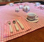 Kids Porcelain Tea Set W  Wicker Carry Case  Pink Gingham Cloth  Napkins