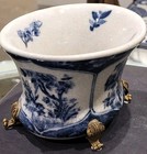 Chinoiserie Blue And White Floral Small Planter With Bronze  Feet-6   X 3 5 h