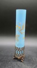 Antique Blue Opaline Victorian Art Glass Enameled Bud Vase Ormolu Feet 6 5 