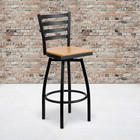 2 Pack Hercules Series Black Ladder Back Swivel Metal Barstool - Natural Wood Se