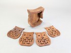 Vintage Wood Owl Coasters With Matching Holder - Set Of 4
