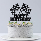 Race Car Cake Topper - Checkered Flag  Glitter  Happy Birthday Theme Cake Decor