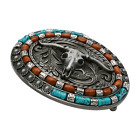 Men Dark Silver Metal Belt Buckle Western Fashion Bull Long Horn Brown Turquoise