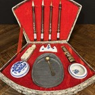 Vintage Chinese Calligraphy Brush   Ink Stone Set In Brocade Box W  Tools