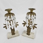Antique Bronze Chinese Girandole Candle Holder Pair Figural Brass Crystal Prisms