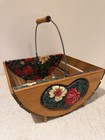 Vintage Wooden Fabric Heart Sewing Slat Basket W handle Curved