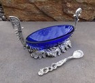 Italian Gondola Silverplated cobalt Glass Open Salt Dip  Cellar  Dish W spoon 