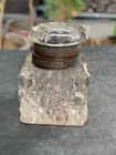 Vintage Old Handcrafted Cut Clear Crystal Inkpot Inkwell With Metal Hinged Lid
