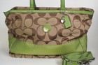 Coach 2012 Green Stripe Signature Tan Canvas Leather Trim Diaper Bag - F19473