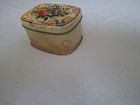 Vtg Small Floral Gold Tone   Beige Hinged Lid Tin Container   England 4 x3 x2   