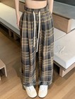 Plaid Wide Leg Pants Brown Navy Japanese Style Drawstring Baggy Trousers