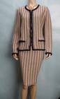 St John Collection Knits Beige Jacket Skirt L Size 12 10 2pc Suit Navy Blue Trim