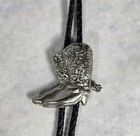 Vintage Bolo Tie Western  Silver Boots With Spurs Black Leather Braid Cowboy 