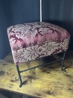 Upholstered Stool With Lid Burgundy Beige Damask Pattern Black Metal Legs Vtg 04