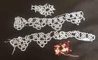 4pc Antique Vtg Blue Needle Tatting Lace Trim Remnant Scrap Burgundy Butterfly
