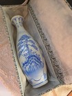 Vintage Chinese Blue   White Eggshell Porcelain Vase Landscape Scene   Box