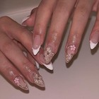 24pcs 3d Flower Press On Nails Medium Almond Fake Nails French Tip Glue On Na   