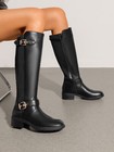 Women Motorcycle Riding Boots Low Block Heel Side Zipper Knee High Boots