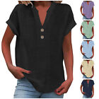 Women s V-neck Short Sleeve Cotton Linen Blouse Top Lightweight Summer Shirt