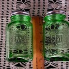 Vintage Hazel-atlas Green Glass Large Salt   Pepper Shakers Set