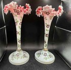 Pair Of Antique Opaline French Glass Vases With  Enamel Hand Painted Florals