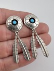 Vtg Navajo Sterling Silver Turquoise Shadowbox Feather Post Earrings 2 1 8 